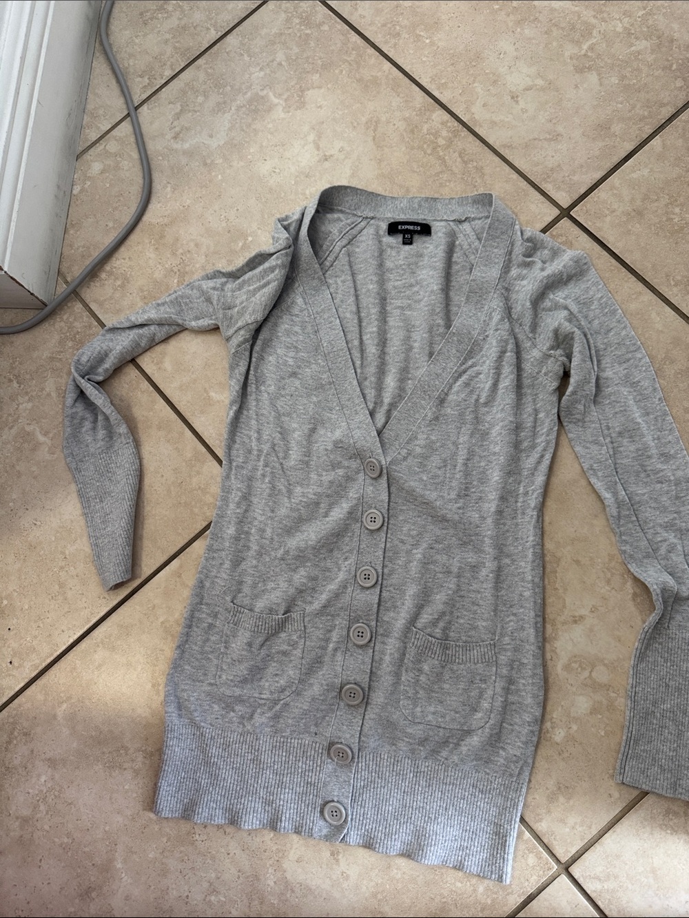 Express Long Light Gray Button-Up Cardigan